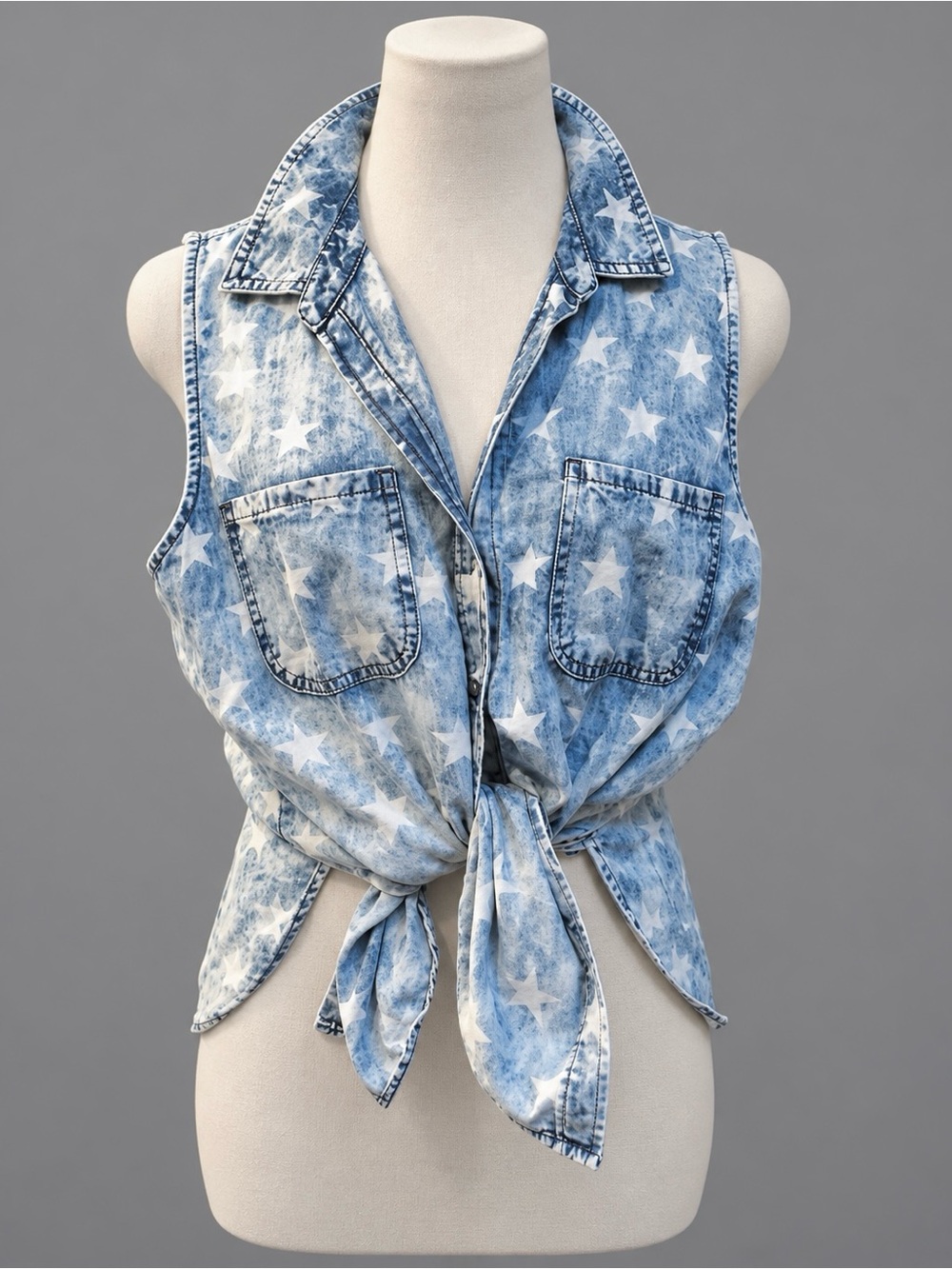 Blue White WESTERN ROCKER CHIC FADED STAR GRAPHIC SHIRT